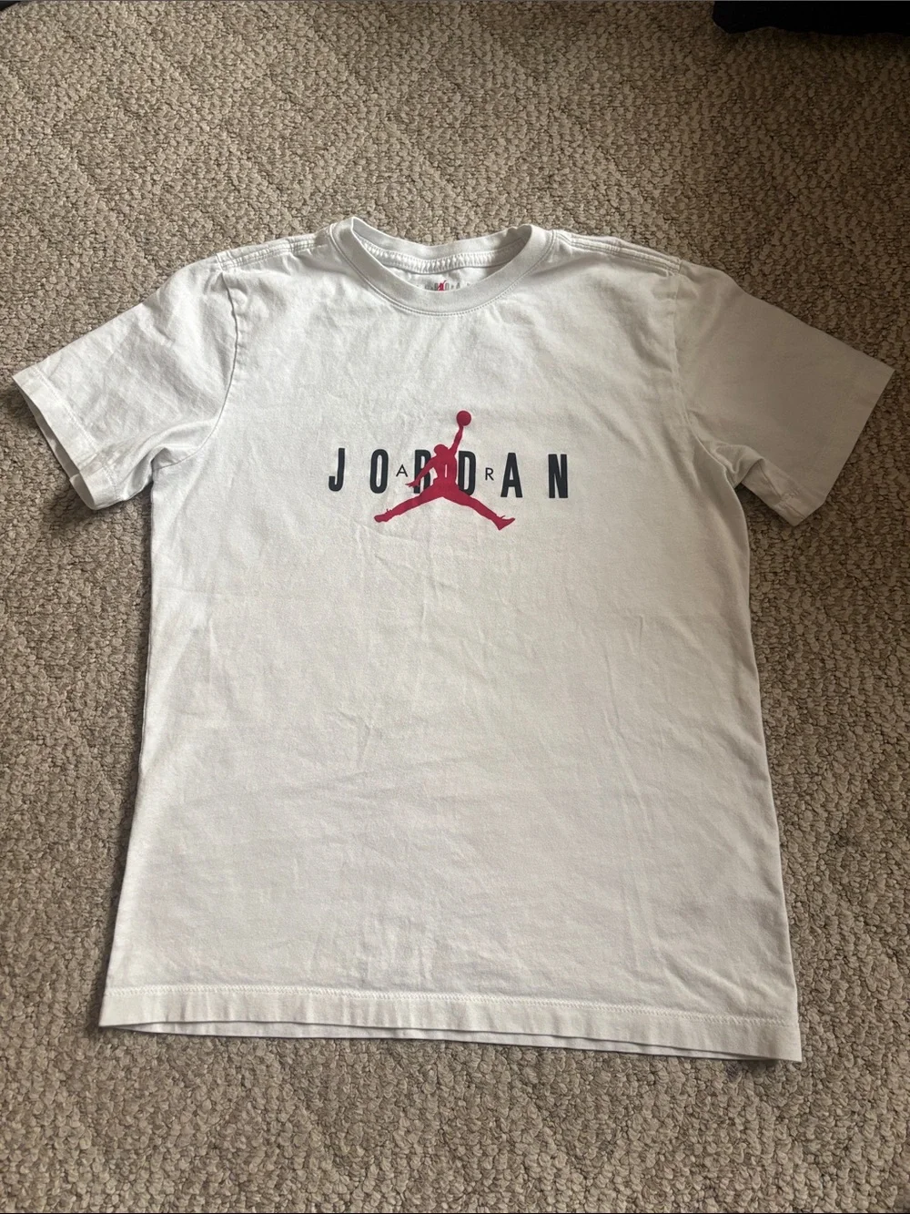 Jordan White Short Sleeve Tee with Red Jumpman and Black Lettering